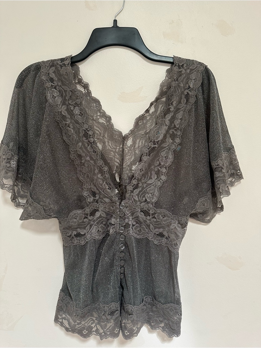 6 degrees Gray Lace-Trim V-Neck Romper
